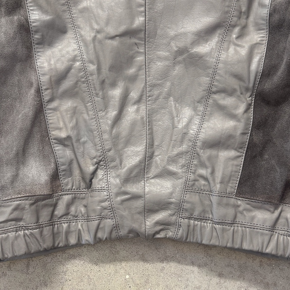 Gray Leather Jacket with Stand-Up Collar and Full-Length Zipper - Picture 5 of 11